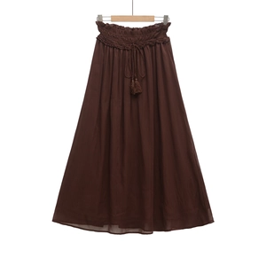 Deep brown chiffon maxi skirt with elastic high waist and decorative tassel drawstring