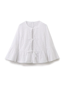 White eyelet embroidery long sleeve top with bow ties and flared cuffs for summer
