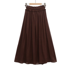 Detail of high waist elastic waistband with ruffle trim on dark coffee pleated skirt