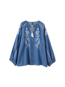 Women Retro Blue Denim Shirt Floral Embroidery Tassel Tie Neck Long Lantern Sleeve Loose Ethnic Boho Blouse Casual Top