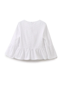 Summer white hollow embroidery long sleeve top with eyelet patterns and ruffle hem