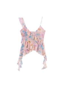 Pink floral camisole with asymmetrical ruffles and irregular hem for summer fashion