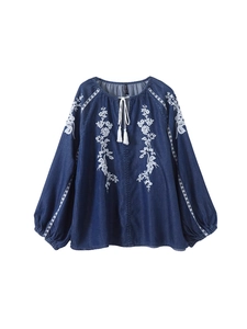 Women's vintage dark blue denim shirt with white floral embroidery and tassel ties
