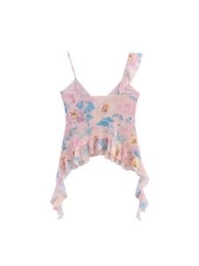 Floral asymmetrical camisole top with ruffled hem and blue flower print for women
