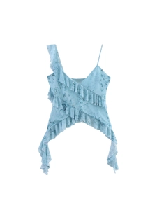 Floral print camisole top with asymmetric ruffle layers and irregular hem in light blue
