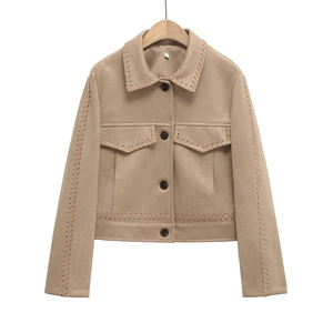 Women's khaki suede short jacket with four black buttons and woven trim details