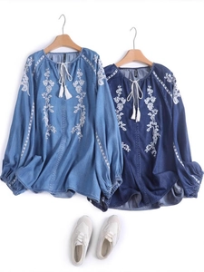 Summer retro denim shirt with white floral embroidery and tassel drawstring v-neckline