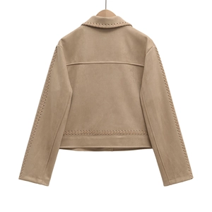 Back view of camel faux suede jacket with woven detailing and point collar for women
