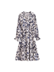 Robe Maxi Décontractée en Viscose pour Femmes Imprimé Floral Col en V Manches Longues Volants Poignets Smokés Ceinture Boho