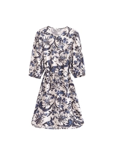 Abito da Donna Vintage Blu con Stampa Botanica Floreale 100% Viscosa Girocollo Manica a Lanterna Cintura Casual Midi