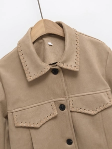 Brown suede jacket for women with vintage collar, large chest pockets and decorative stitching