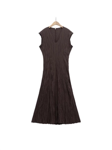 Women V Neck Sleeveless Maxi Dress Solid Color Pleated Crinkle Streetwear Casual A-Line Slim Long Dress Summer
