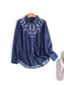 Women Vintage Floral Embroidery Denim Shirt Casual Long Sleeve Lapel Button Down Washed Denim Blouse Top For Daily Streetwear