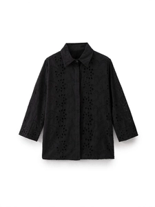 Women's black long sleeve eyelet embroidery shirt with elegant hollow-out floral pattern