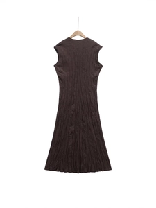 Women's V-neck sleeveless maxi dress with chocolate brown crinkled texture fabric