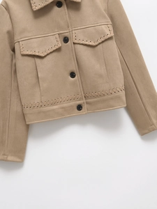 Khaki faux suede cropped jacket with whipstitch detailing and front chest pockets
