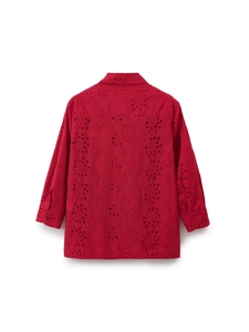 Women's red eyelet embroidered long sleeve shirt with classic turn-down collar