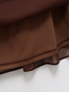 Women's summer loose solid color skirt with layered chiffon hem in dark brown