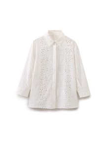 White long-sleeved shirt featuring elegant hollow-out floral embroidery and a relaxed fit