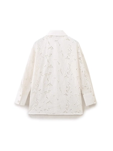 White eyelet embroidered loose shirt with long sleeves and floral pattern on the back