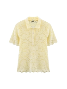 Haut Polo en Dentelle Florale Élégant pour Femmes Jaune Pâle Manches Courtes Ajouré Bord Festonné Coupe Slim Tricot Décontracté