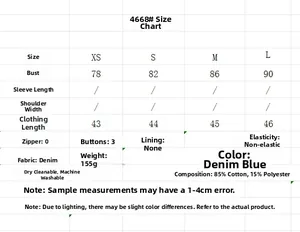 Size chart for blue denim top style 4668 with chest measurements from XS to L