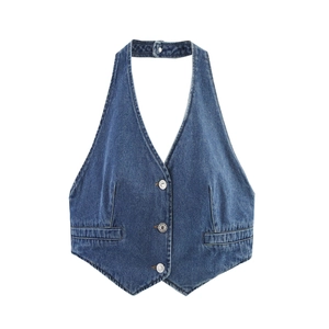 Women's blue denim halter neck top with metal buttons and structured stitching details