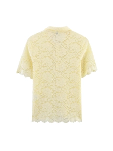 Haut tricoté pour femme en dentelle florale jaune clair avec col à revers classique