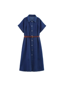 Women's Vintage Denim Midi Dress With Belt Short Sleeve Button Down Shirt Dress Cotton Blend Casual Jean Dress For Daily