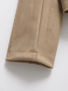 Women's 2025 camel suede jacket detail featuring premium stitched cuffs and texture