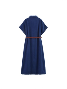 Back view of a casual dark blue denim midi dress with short sleeves and a slim brown belt