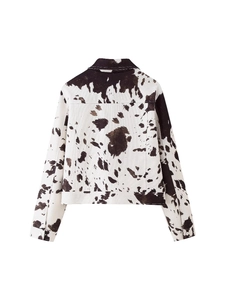 Short vintage cow print long sleeve cropped jacket with collar in retro street style