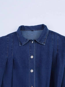 Classic dark blue denim midi dress with a stylish waist belt and silver metal buttons