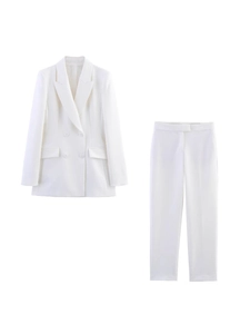 Femmes Europe Retro Blazer à Double Boutonnage et Pantalon Droit à Taille Haute Costume de Bureau Professionnel Blazer et Pantalon