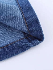 Classic blue denim midi dress with contrast stitching and cuffed hem details