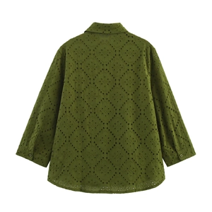 Back view of olive green cotton shirt with geometric eyelet embroidery and a clean finish