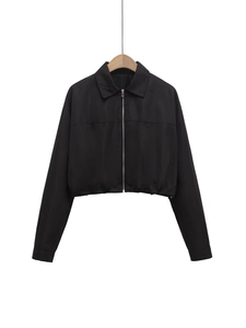 Minimalist black long sleeve cropped jacket with lapel and metal zipper for women