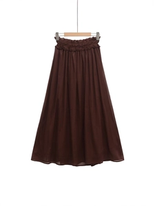 Deep brown high-waisted elastic maxi skirt with shirred waist and A-line silhouette