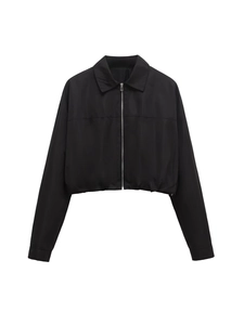 Women's black cropped utility jacket with lapel collar and zip-up front closure