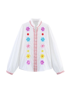 Women French Style White Embroidered Blouse Long Sleeve Ruffle Stand Collar Floral Embroidery Loose Shirt Top For Summer Daily Casual