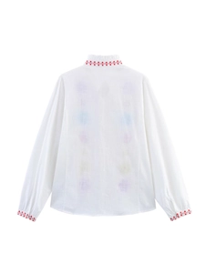 French style white cotton blouse with floral embroidery and ruffled stand collar