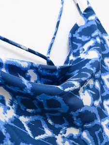 Robe longue à bretelles style français pour femme avec imprimé animal bleu et blanc