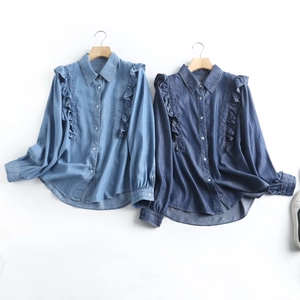 Women Vintage Ruffled Denim Shirt Long Sleeve Casual Cotton Blouse Top Korean Style Single Breasted Lightweight Shirt