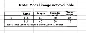 Size chart table for floral embroidered denim shirt showing bust and length dimensions