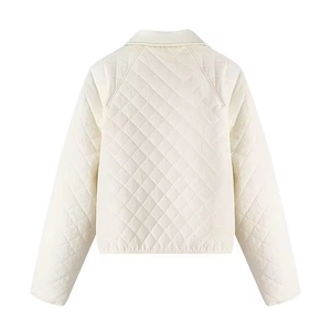 Women's cream short quilted shirt jacket with diamond stitching and lapel collar back view