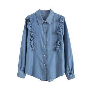 Retro light blue denim shirt for women featuring ruffle details and long sleeves