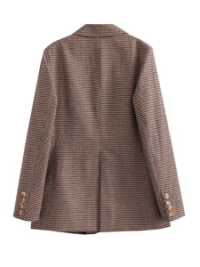 Klassischer brauner Damenblazer mit Hahnentrittmuster, geradem Schnitt und Manschetten