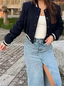 Close-up of a cropped navy jacket with white striped collar and button-up detailing