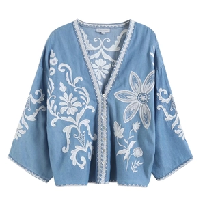Vintage Women Floral Embroidery Denim Shirt V Neck Lace Trim Tencel Long Sleeve Blouse Ethnic Casual Loose Top