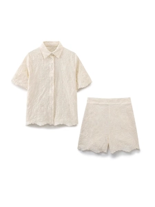 Women Embroidered Short Sleeve Button Up Shirt Top Or High Waist Scalloped Shorts Bottom Polyester Bohemian Streetwear